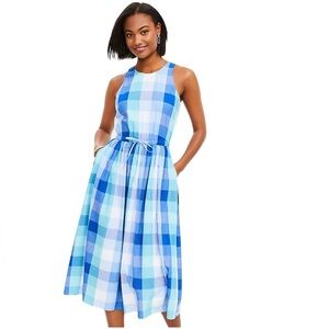 ✅The LOFT Petite Plaid Cutout Back Midi Pocket Dress
